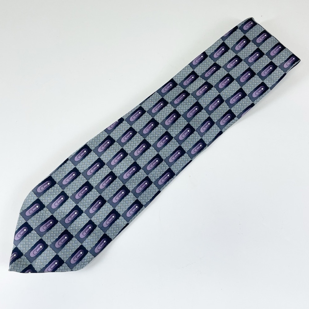 Mosaic Mens Tie Necktie Purple Blue Pattern Pure Silk Hand Made